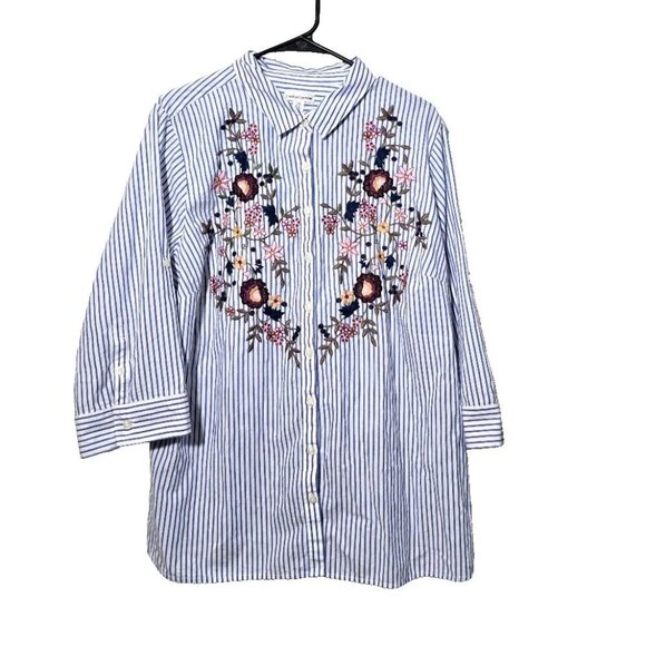 Croft & Barrow Blouse Sz 2X Button Up Floral Embroidered Stripes Business Casual - Picture 1 of 15